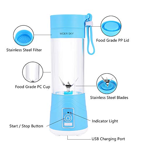 Portable Blender, Personal Smoothie Mini Mixer Juicer Cup, 380ml Fruit Mixing Machine with USB Recharging, Detachable, Office/Sports/Trip(Blue)