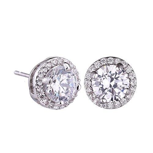 AMYJANE Crystal Jewelry Set Bride Bridesmaid- Sterling Silver Round Cubic Zirconia Crystal cz Bridal Pendant Necklace Earrings Set for Women Party Prom