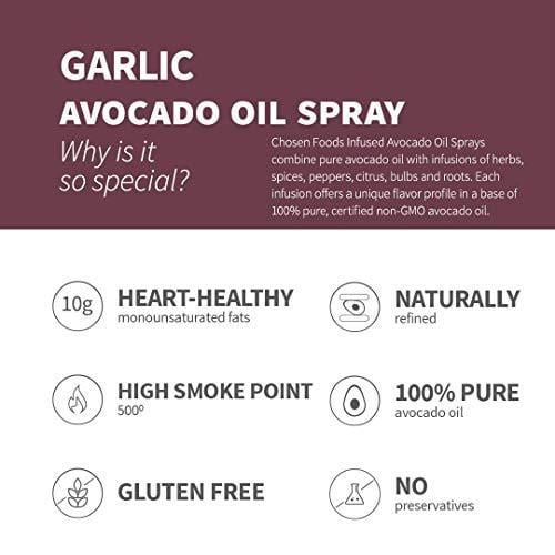 Chosen Foods Garlic Avocado Oil Spray 4.7 oz., Non-GMO, 500° F Smoke Point, Propellant-Free, Air Pressure Only for High-Heat Cooking, Baking and Frying