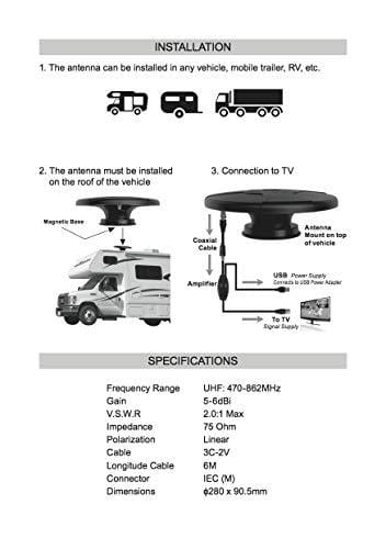 360° Omni Directional Amplified Magnetic UFO Digital HDTV Antenna for Caravan RV Truck Boat (4K Ultra-HD Ready, ATSC 3.0 Ready, VHF and UHF, Long Range Outdoor Motorhome TV Antenna) Black