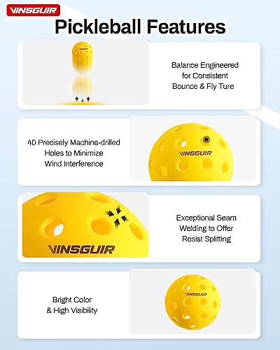 VINSGUIR 12-Pack Outdoor Pickleball Balls-40 Holes Pickleball Ball, High Elasticity & Durable Yellow Pickle Balls Set for All Style Pickleball Paddle
