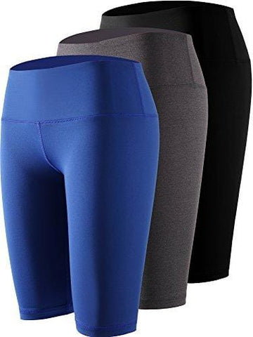 Cadmus Women's 3 Pack Compression Athletic Workout Shorts with Pocket,04,Black,Grey,Blue,Large