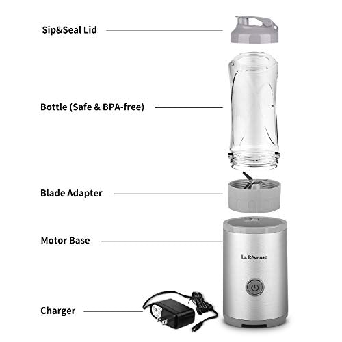 Portable Smoothies Shakes Blender Personal Size Cordless, Battery Rechargeable Juicer Cup,with 10 oz Travel Sports Bottles -BPA-Free (Silver&Grey)
