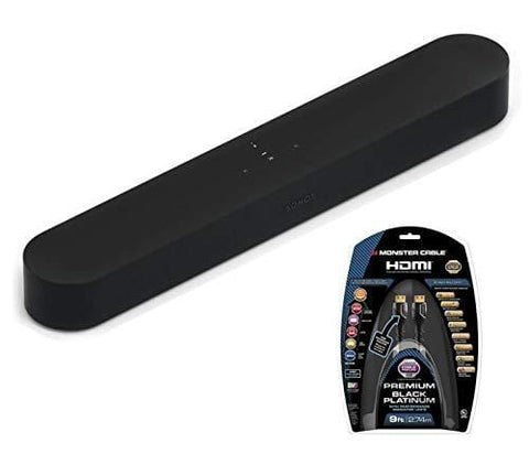 Sonos All-New Beam - Compact Smart TV Soundbar with Amazon Alexa Voice Control Built-in. Wirelesshome Theater and Streaming Music in Any Room. (Black) + 4K UHD High Speed HDMI Cable 9 Feet, Black