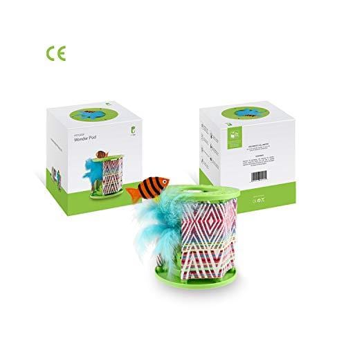 PETGEEK Cat Rolling Toy with Feathers, Automatic Cat Toys Interactive -Cat Toy Feather Teaser & Squeak Mouse Cat Toy Decoration Fish Crinkle Paper Inside, Wonder Pod Diameter 6.7" Height 7"