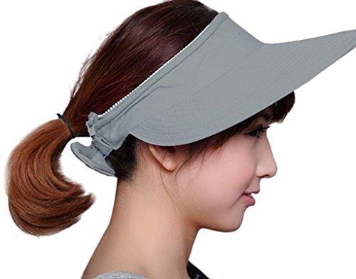 Womens 2in1 Wide Brim Summer Folding Anti-UV Golf Tennis Sun Visor Cap Beach Hat, Grey, OS