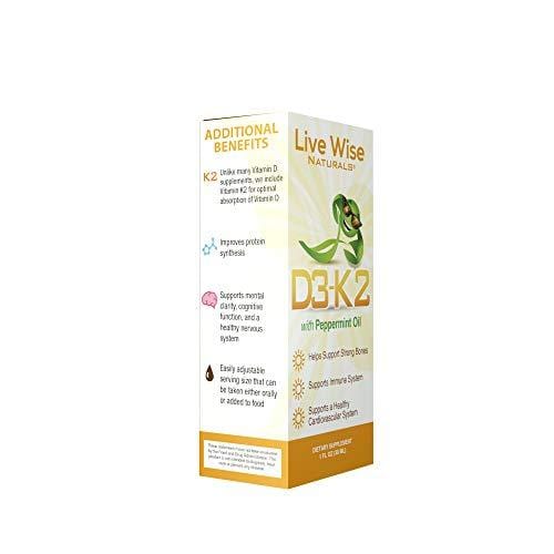 Vitamin D3 with K2 Liquid Drops, All Natural, Non GMO, 1208IU D3 and 25mcg K2 (MK7) Per Serving, Strengthen Bones, Boost Immune System and Energy Levels, with or Without Peppermint Oil