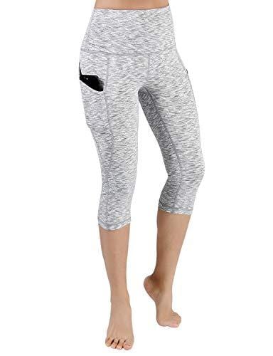 ODODOS High Waist Out Pocket Yoga Capris Pants Tummy Control Workout Running 4 Way Stretch Yoga Leggings,SpaceDyeWhite,Medium