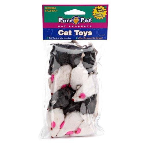 Penn Plax Play Fur Mice Cat Toys - Mixed Bag of 12 Play Mice with Rattling Sounds - 3 Color Variety Pack - CAT531, black and white