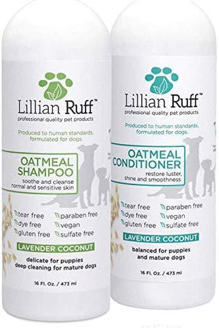 Lillian Ruff Dog Oatmeal Shampoo and Conditioner Set - Safe for Cats - Lavender Coconut Scent for Itchy Dry Skin with Aloe- Deodorize and Soothe - Gentle Cleanser for Normal to Sensitive Skin (16oz.)