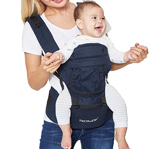 Baby Carrier Hip Seat 100% Cotton - Pocket & Removable Hoodie/Head Support - Adjustable & Breathable - Neotech Care Brand - for Infant, Child, Toddler - Grey