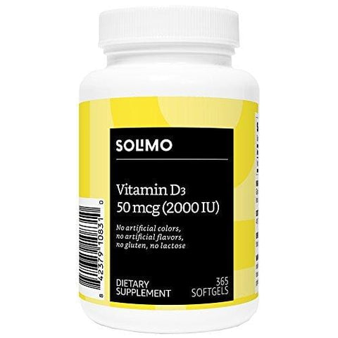 Amazon Brand - Solimo Vitamin D3 50 mcg (2000 IU), 365 Softgels, Value Size - One Year Supply