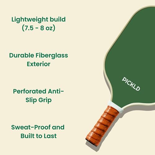 PICKLD Stylish Premium Pickleball Paddle Racket | Durable Fiberglass Surface | Honeycomb Core | Perfect Addition to a Pickleball Set | Indoor Outdoor Pickle Ball Paddle (Leaf Green)