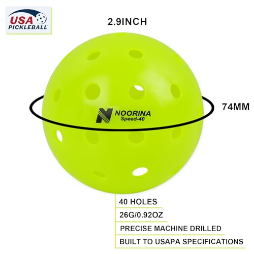 NOORINA Outdoor Pickleball Balls, USAPA Approved, Crack Resistant Seamless Construction, 6 Pack, 40 Holes, Neon Green Pickle Balls with Pickleball Bag, One Year Warranty