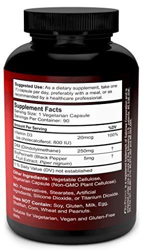 DIM Supplement 250mg with Vitamin D3 Plus BioPerine - Diindolylmethane Menopause Relief Estrogen Blocker, Hormone Balance for Women and Men, PCOS, Hormonal Acne & Hot Flashes - 90 Vegetarian Caps