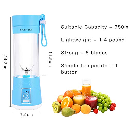 Portable Blender, Personal Smoothie Mini Mixer Juicer Cup, 380ml Fruit Mixing Machine with USB Recharging, Detachable, Office/Sports/Trip(Blue)