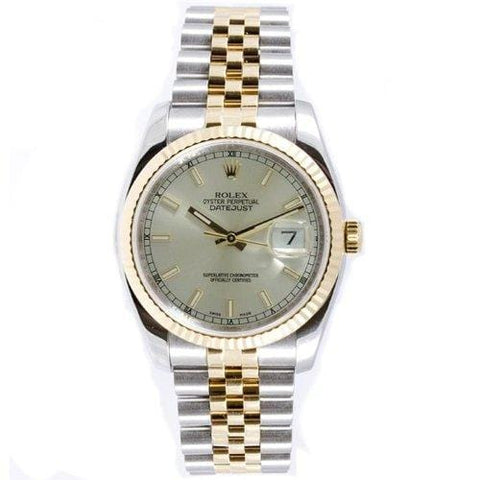 Rolex Mens New Style Heavy Band Stainless Steel & 18K Gold Datejust Model 116233 Jubilee Band Fluted Bezel Silver Stick Dial