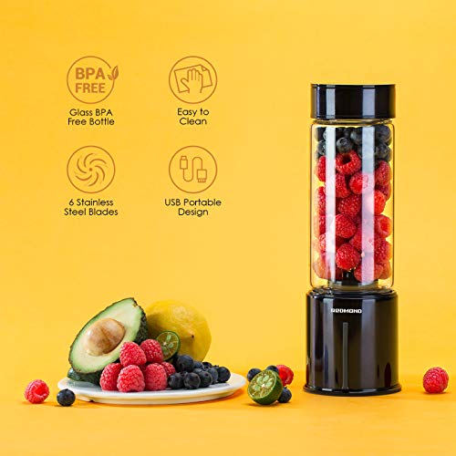 REDMOND Portable Blender 5000mAh USB Rechargeable Smoothie Blender with 16oz Glass Bottle Stainless Steel Shell for Smoothie Milk Shake Mini Travel Size - Black