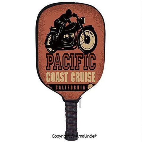 SCOXIXI Neoprene Sports Pickleball Paddle Cover Sleeve,Personalized Pacific Coast Cruise California Motorcycle Driving Journey Traveling Hand Drawn DecorativeRacquet Cover,Lightweight,Durable and Por