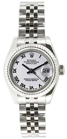 Rolex Ladys New Style Heavy Band Stainless Steel Datejust Model 179174 Jubilee Band 18K White Gold Fluted Bezel White Roman Dial