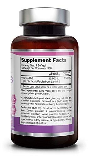 Vitamin D3 10000 IU 380 Softgels - High-Potency | Non-GMO | Soy-Free | In Extra Virgin Olive Oil | Strong Bones | Immune Health | Support for K-2
