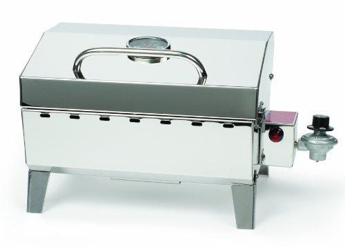 Camco Stainless Steel Portable Propane Gas Grill, Convenient Size For Tailgating, Camping, RV, Picnicking, Home and Boats, Includes Storage Bag (125 Square Inches Of Cooking Surface)