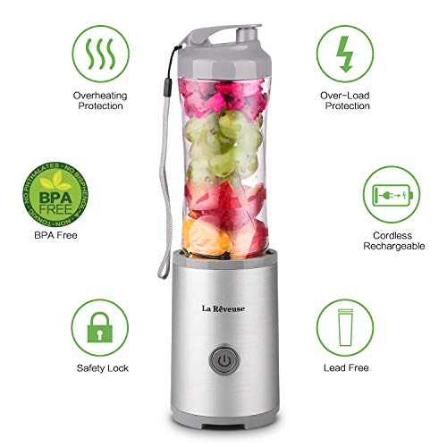 Portable Smoothies Shakes Blender Personal Size Cordless, Battery Rechargeable Juicer Cup,with 10 oz Travel Sports Bottles -BPA-Free (Silver&Grey)