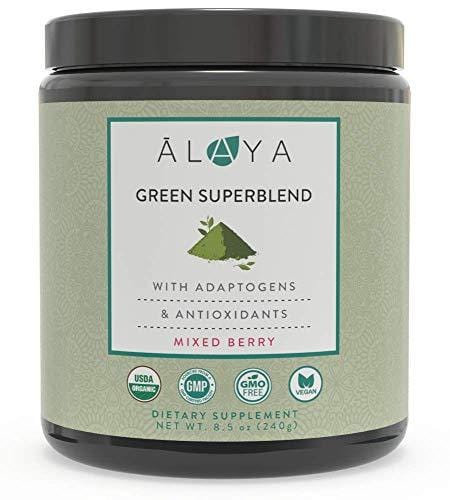 Alaya Organic Greens Powder - Superfood Powder with Adaptogens, Antioxidants & Probiotics - Certified Organic Non-GMO Super Greens Supplement Powder - 30 Servings - Berry Flavor Green Powder