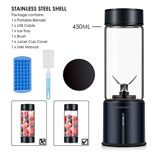 REDMOND Portable Blender, Personal USB Rechargeable Blender, Mini Juicer to make Shake and Smoothie, Single Serve Stainless Steel Juicer Cup Fruit Mixer, 16oz Large Capacity Travel Outdoor and Home Use, BL014