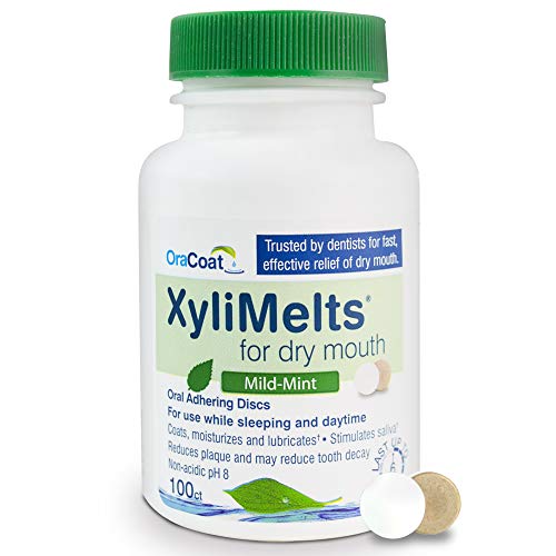 OraCoat XyliMelts Dry Mouth Relief Moisturizing Oral Adhering Discs Mild Mint with Xylitol, For Dry Mouth, Stimulates Saliva, Non-Acidic, Day and Night Use, Time Release for up to 8 Hours, 100 Count