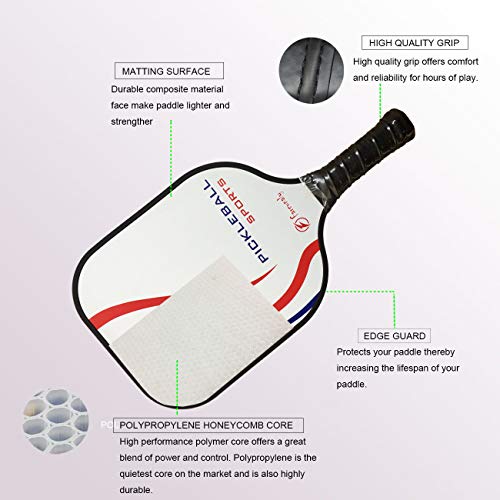 Pickleball Paddle Set,Light weight,Power Honeycomb Core Paddle and Mat surface, Octagonal handle shape，sweat absorption and stitched grip, 4.125'' handle size, 4 pickleballs, cover bag， (red blue)