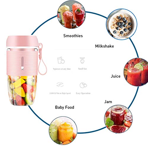 Portable Blender for Handmade Fruit or Vegetable Smoothie 350 ML Pink Mini Juicer with USB Rechargeable and Waterproof BPA Free Suitable for Outdoor, Travel, Home, Personal Used and Sport