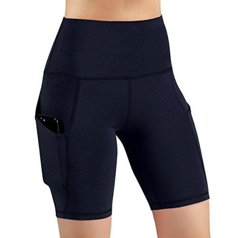 ODODOS High Waist Out Pocket Yoga Short Tummy Control Workout Running Athletic Non See-Through Yoga Shorts,Navy,Medium