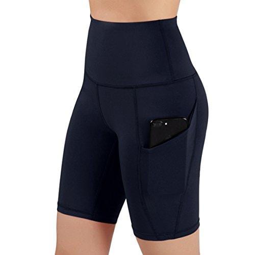 ODODOS High Waist Out Pocket Yoga Short Tummy Control Workout Running Athletic Non See-Through Yoga Shorts,Navy,Medium