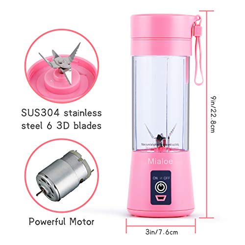 Portable Blender, Personal Size Eletric USB Juicer Cup, Fruit, Smoothie, Baby Food Mixing Machine with Updated 6 Blades,Magnetic Secure Switch Electric Fruit Mixer for Superb Mixing 380ml (Pink)