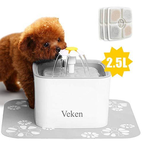 Veken Pet Fountain, 84oz/2.5L Automatic Cat Water Fountain Dog Water Dispenser with 3 Replacement Filters & 1 Silicone Mat for Cats, Dogs, Multiple Pets, Grey