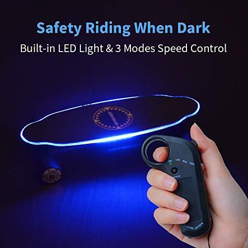 Spadger D5X Electric Skateboard, 20'' Electric Longoard, 12.5MPH Top Speed & 6.5 Miles Range, 150W Motor with 70MM PU Wheel, 10LBS Load up to 220LBS, Built-in LED Light with Remote Control