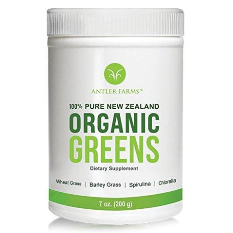 Antler Farms - 100% Pure New Zealand Organic Greens Superfood Powder, 50 Servings, 200g - Wheat Grass, Barley Grass, Chlorella, Spirulina - Vegan, Gluten Free, NO Pesticides, NO Chemicals, NO GMOs