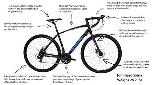 Tommaso Siena - Shimano Tourney Gravel Adventure Bike with Disc Brakes, Extra Wide Tires, Perfect for Road Or Dirt Touring, Matte Black - Medium