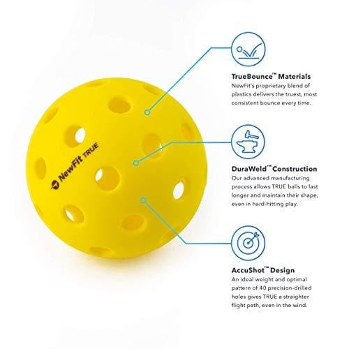 NewFit True Pickleball Balls | Premium Outdoor Pickleballs l Durable and Quiet Yellow Colored Outside Pickleballs | Pickleball Ball Bag Included (Yellow 12-Pack)