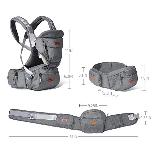 SUNVENO Baby Hipseat Ergonomic Baby Carrier Soft Cotton 3in1 Safety Infant Newborn Hip Seat for Outdoor Travel 6-36 Months (Gray)