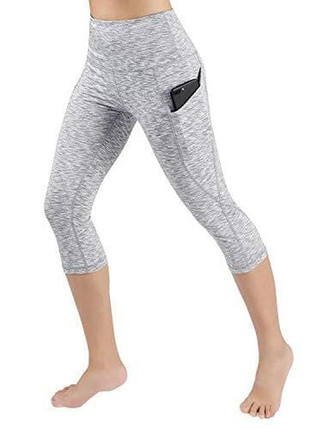 ODODOS High Waist Out Pocket Yoga Capris Pants Tummy Control Workout Running 4 Way Stretch Yoga Leggings,SpaceDyeWhite,Medium