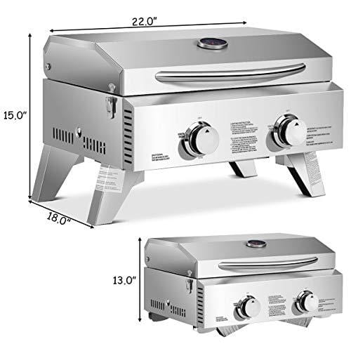Giantex Propane Tabletop Gas Grill Stainless Steel Two-Burner BBQ, with Foldable Leg, 20000 BTU, Perfect for Camping, Picnics or Any Outdoor Use, 22" x 18" x 15", Silver