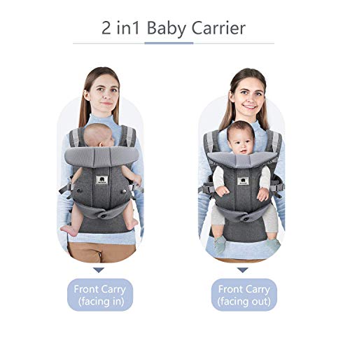 Meinkind Baby Carrier, 2-in-1 Convertible Carrier Ergonomic, Soft Breathable Comfortable Infant Carrier Front Carrier with Head Support, Padded Shoulder Strap, Up to 33lbs Baby, Dark Grey