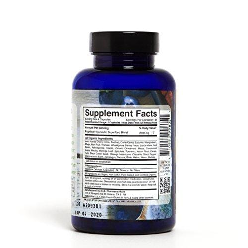 Organic Green Superfood Capsules | Promotes Energy, Focus, Alkalinity, Detox & Immune Strength | Greens Powder with Spirulina, Chlorella, Ashwaganda, Turmeric, Acai, Maca and more | 124 Vegan Capsules