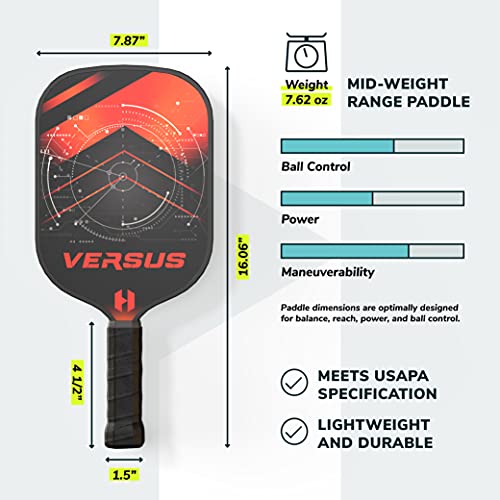 Helium Versus 4-Pack Pickleball Set - Honeycomb Core, Graphite Strike Face, Premium Comfort Grip - Set of Four Paddles, 2 Green Indoor Balls, 2 Yellow Outdoor Balls & Drawstring Bag