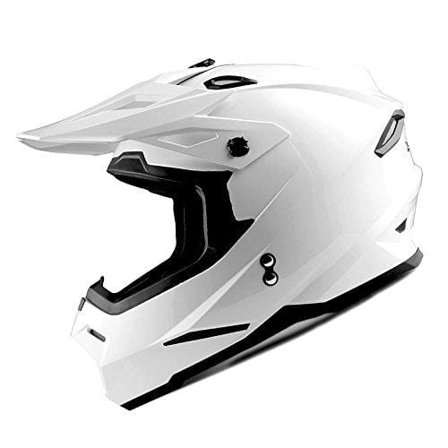 1Storm Adult Motocross Helmet BMX MX ATV Dirt Bike Helmet Racing Style Glossy White; + Goggles + Skeleton Black Glove Bundle