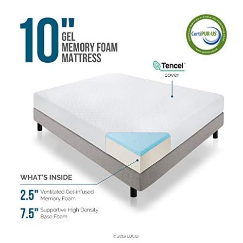 LUCID 10 Inch Gel Memory Foam Mattress - Dual-Layered - CertiPUR-US Certified - 10-Year U.S. Warranty - Short/RV Queen
