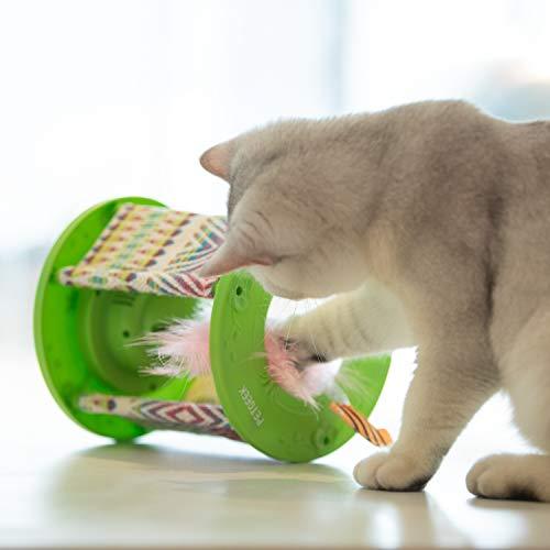 PETGEEK Cat Rolling Toy with Feathers, Automatic Cat Toys Interactive -Cat Toy Feather Teaser & Squeak Mouse Cat Toy Decoration Fish Crinkle Paper Inside, Wonder Pod Diameter 6.7" Height 7"