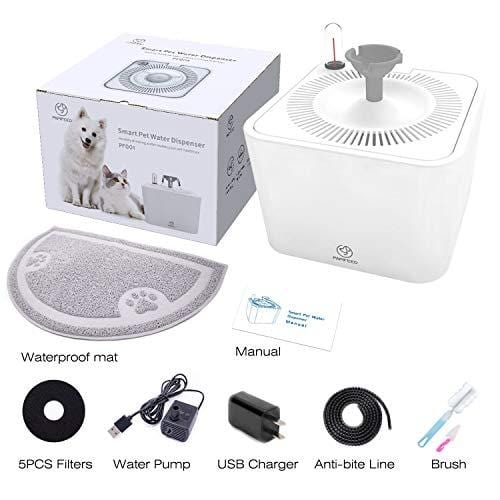 PAPIFEED Cat Water Fountain, Automatic Pet Water Dispenser, 2.2L Super Quiet Healthy Drinking Bowl with Visible Water Level, 5 Filters, USB Pump, Waterproof Mat and Brush for Cats Dogs [Upgraded 2019]